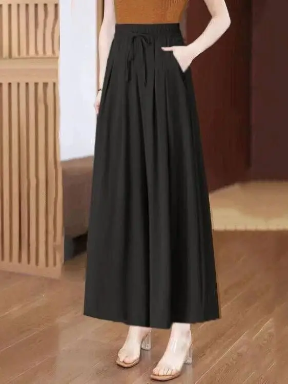 Ice Silk Wide Leg Pants Women's New Summer Thin Loose Mom Seven Nine Pants Commute Style High Waist Nine Point Length