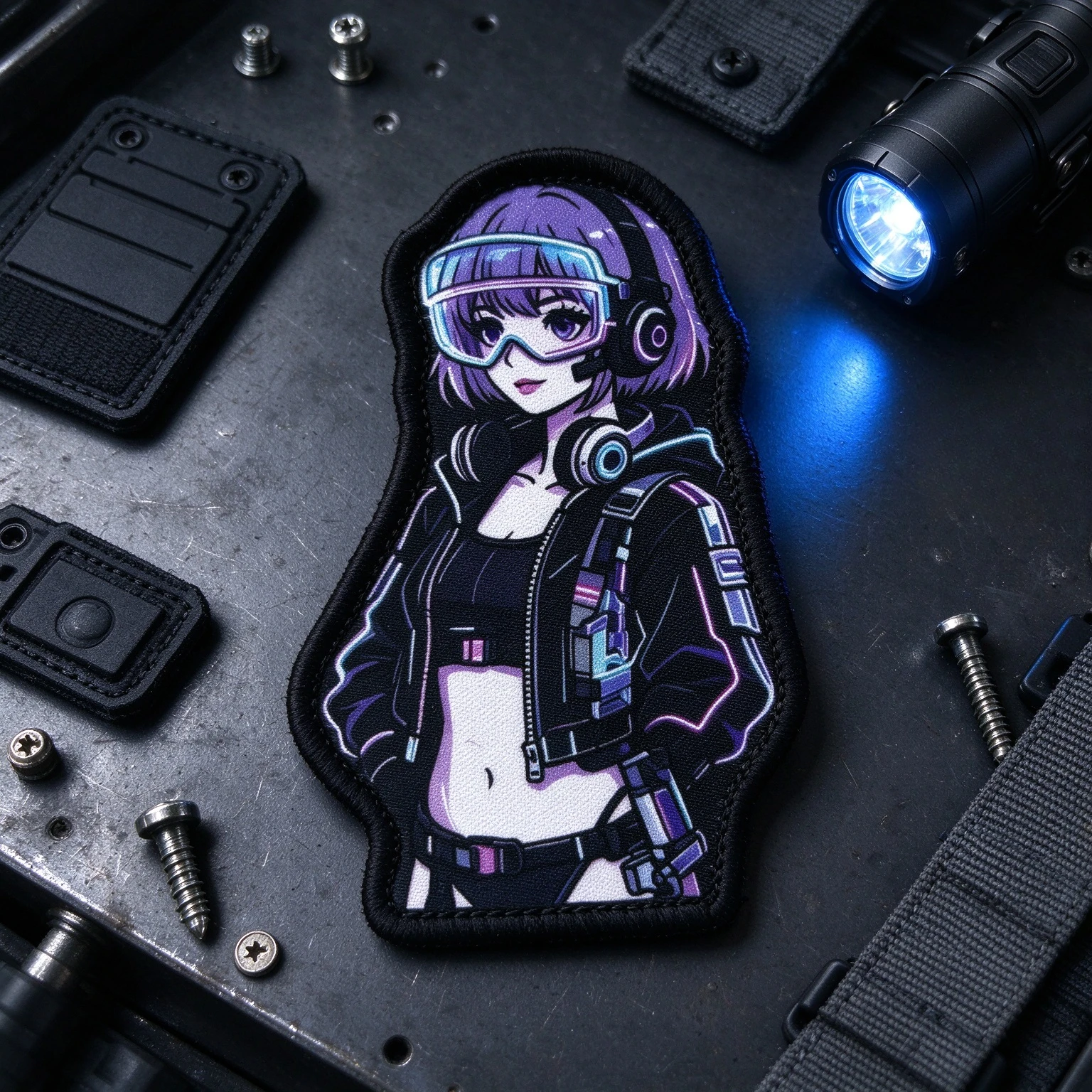 Anime Cyberpunk Girl "Night Operative" Printed Patch Hook and Loop Morale Badge for Backpack Jacket Hat Clothing