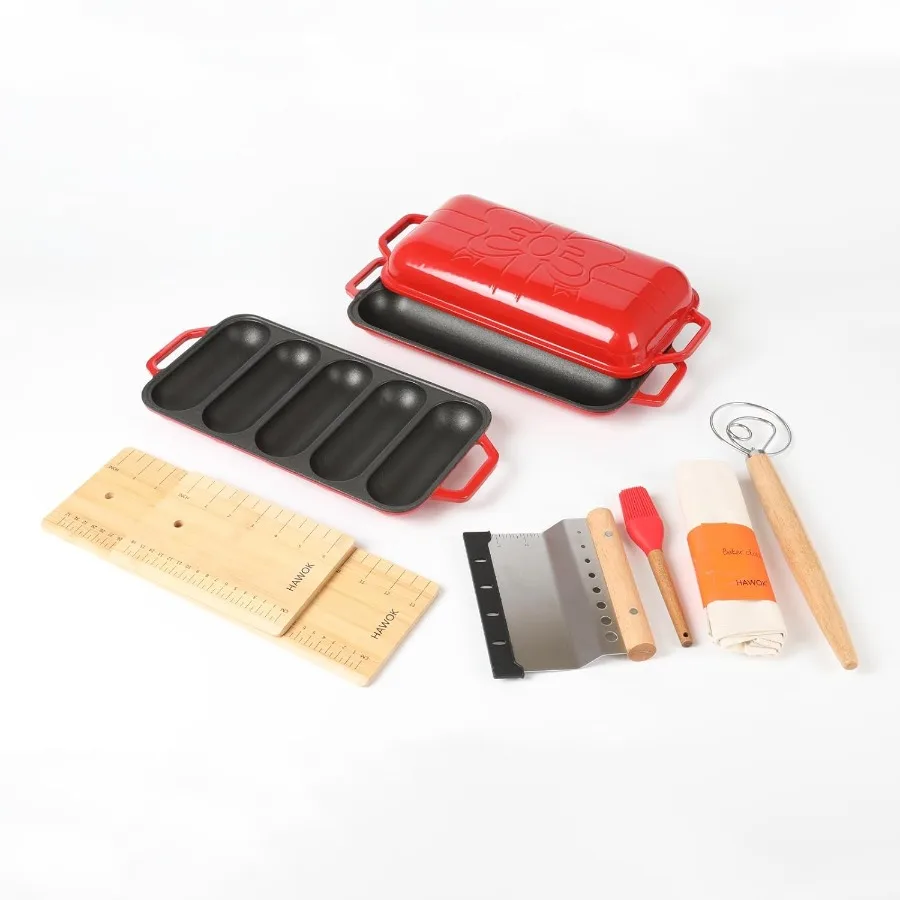 

Enameled Cast Iron French Baguette Baker Hot Dog Bake Tray Baguette Pan with Handles and Lid Red