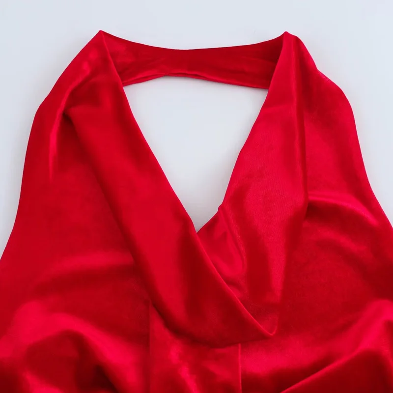 TRAF-vestido rojo con cuello Halter para mujer, Vestidos elegantes de fiesta para mujer, Vestidos largos de terciopelo de lujo, Vestidos Midi sin mangas y sin espalda