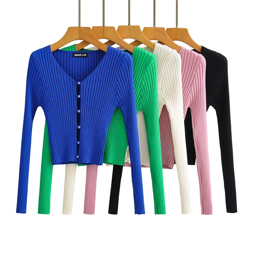 

Women's Sexy Slim Fit V-Neck Cardigan Cut out Single-Breasted Knitted Top Pure Color Navel-Baring Short Autumn Fashion