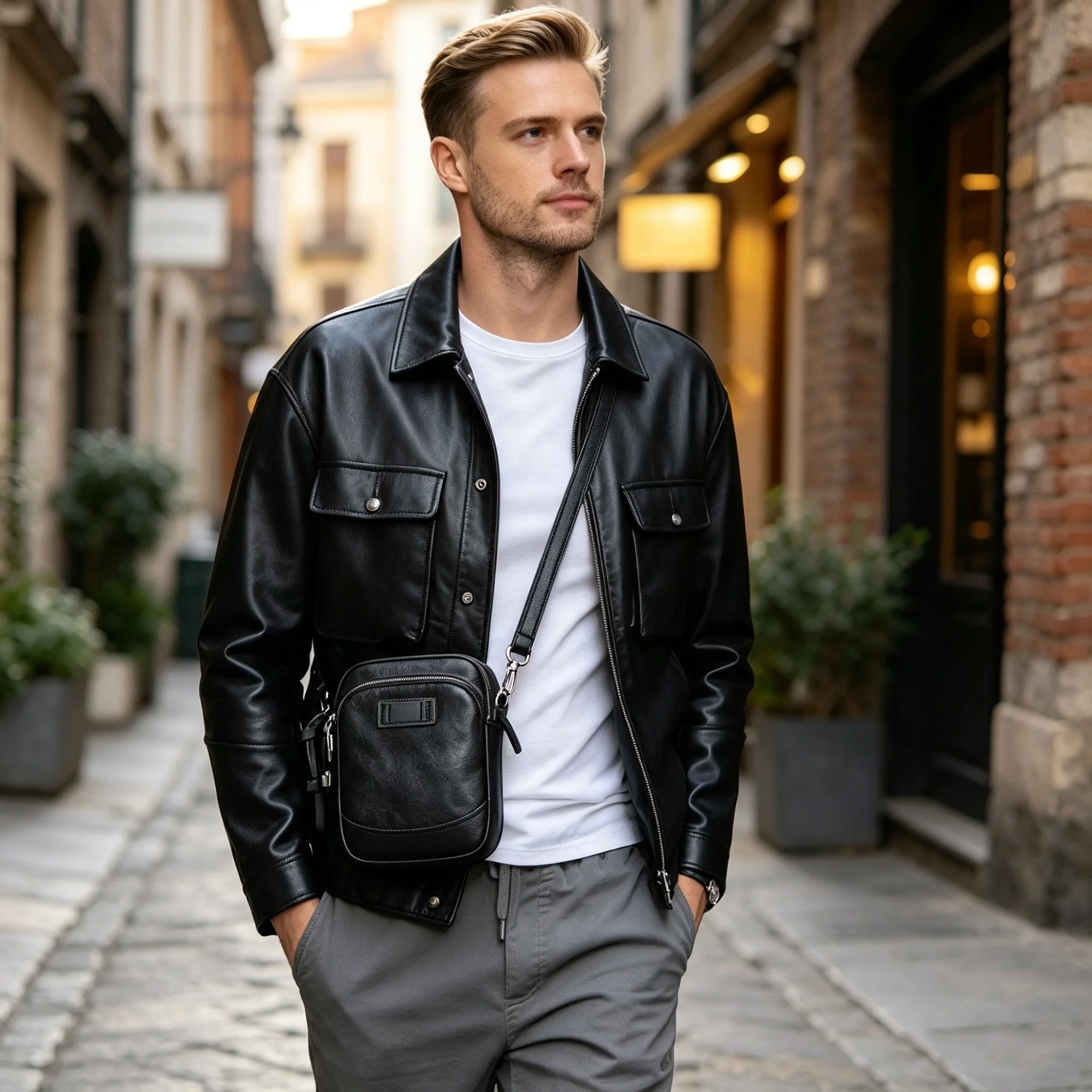 Echte Leder-Umhängetasche für Herren, Crossbody-Taschen, einfache Rindsleder-Gürteltasche, Top-Layer-Leder, modischer Casual-Stil – Detail 4