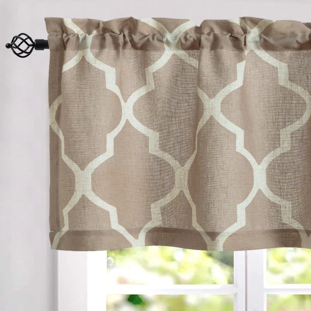 JINCHAN Moroccan Curtain Valance for Kithcen Living Room Quatrefoil Flax Linen Blend Textured Geometry Lattice Short Small Curta