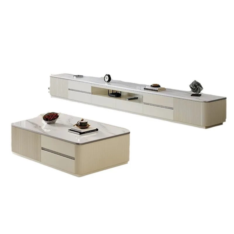 

New light luxury simple household modern solid wood paint TV cabinet coffee table combination rock slab cream wind living room f