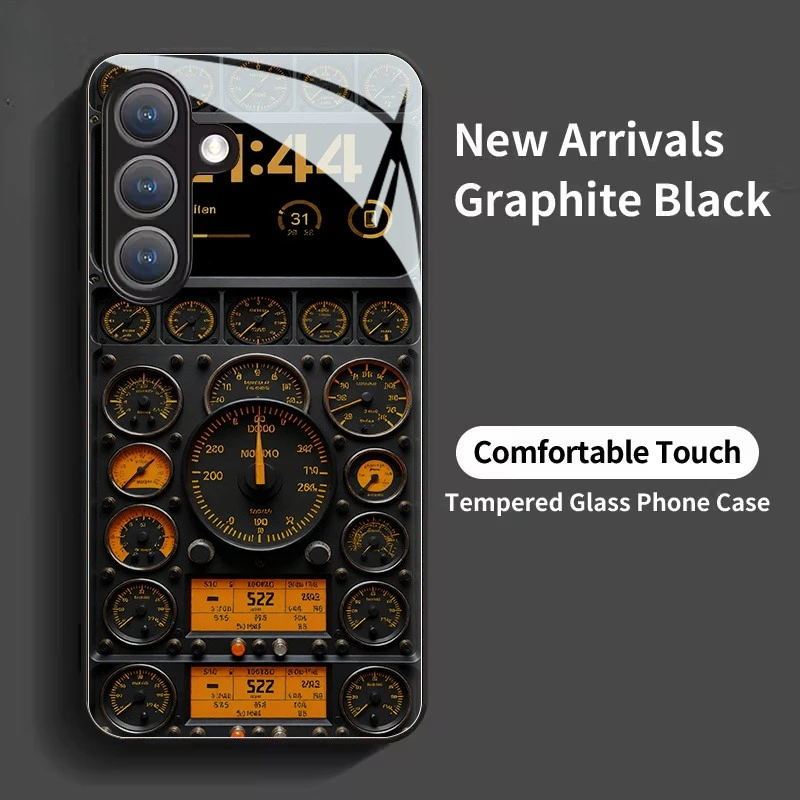Vintage industrial style instrument panel glass phone case suitable for Samsung Galaxy S26 S25 S24 S22 S21 S20 FE/Ultra/Plus