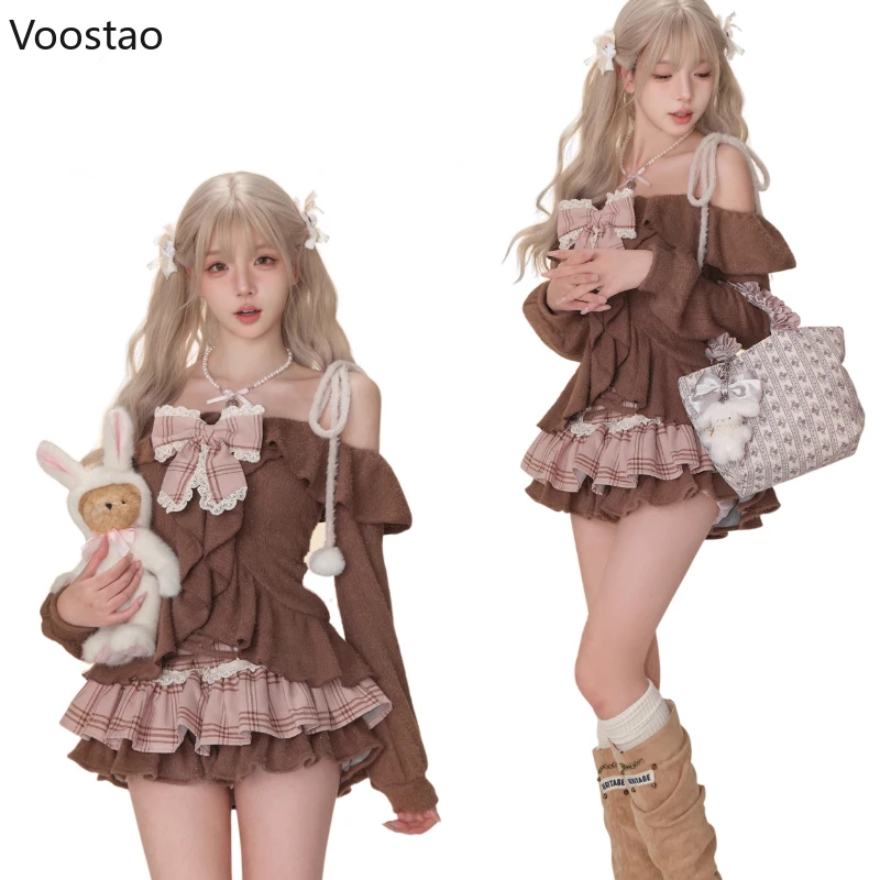 Japanse Zoete Lolita 2-delige sets Vrouwen Retro Off Schouder Boog Blouse Tops Plaid Cake Mini Rok Meisjes Kawaii Y2k Slanke outfits