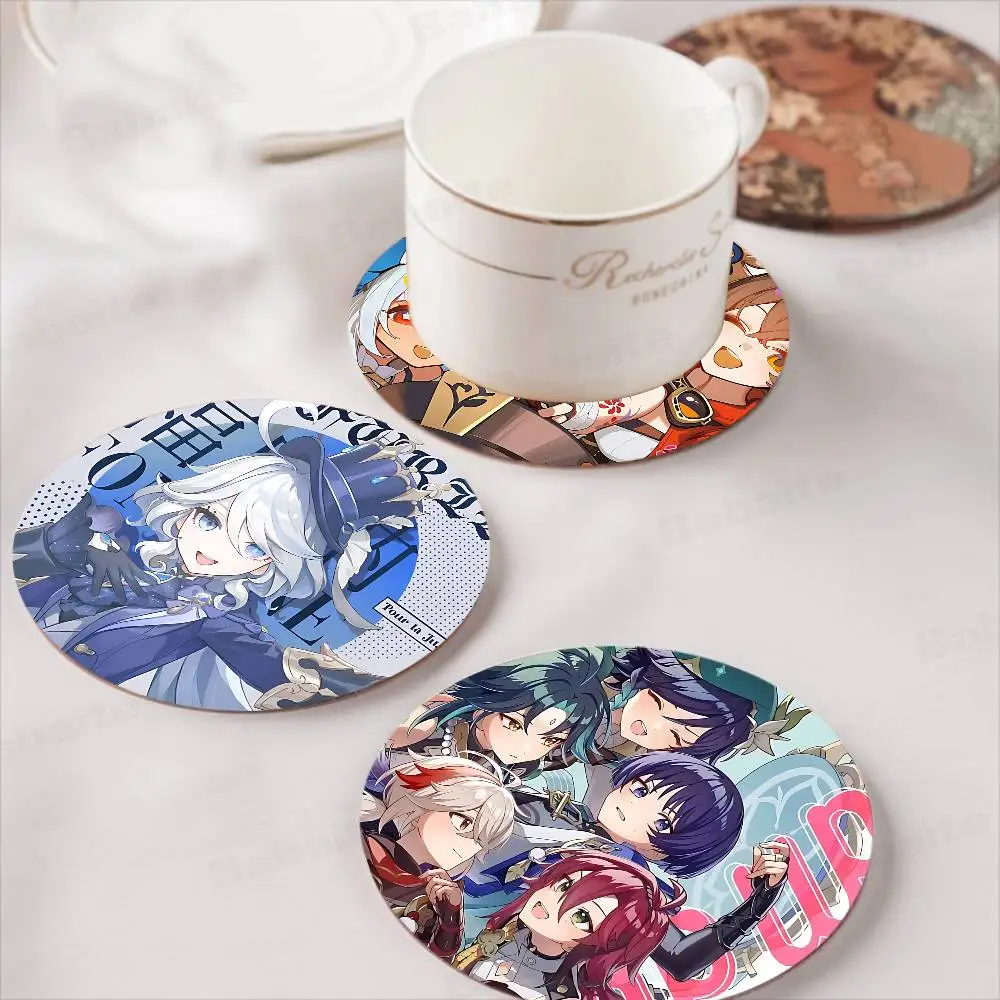 RPG Game Genshin Impact Wood Coasters Colorful Round Coaster Non-slip Heat Insulation Coffee Mats Home Accessories Kitchen
