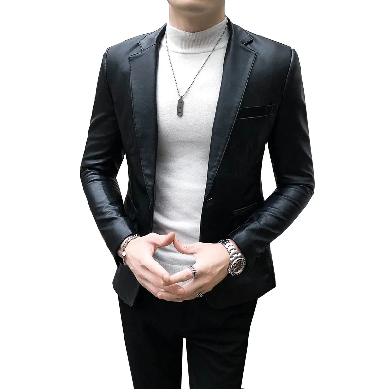 

Casual Pu Blazers Jacket Casual Blazer Jackets Man Outerwear Male Fashion Business Fashion Men's Casual Leather Dress Suit Coat
