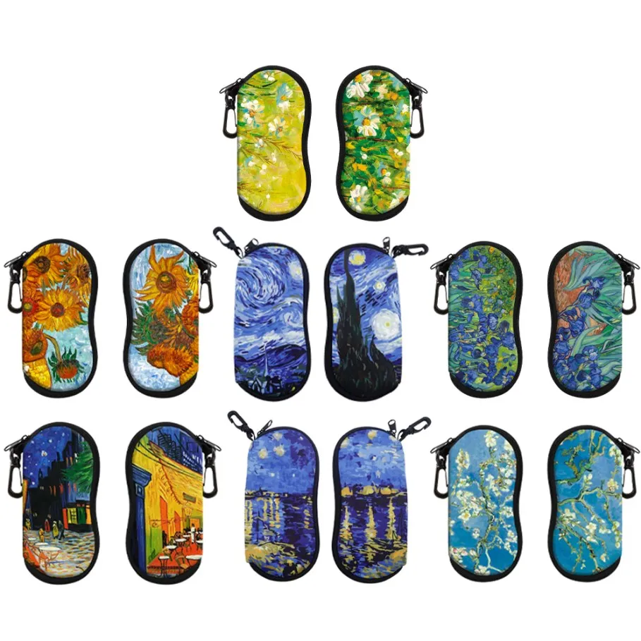 Van Gogh Oil Painting Glasses Case Funny Cartoon Flower Portable Zipper Glasses Bag Unglasses Cover Glasses Storage Bag 1PC