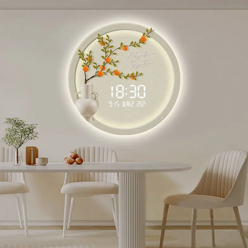Creative lamp watch wall clock round flower green plant electronic wall clock guest restaurant decorative painting