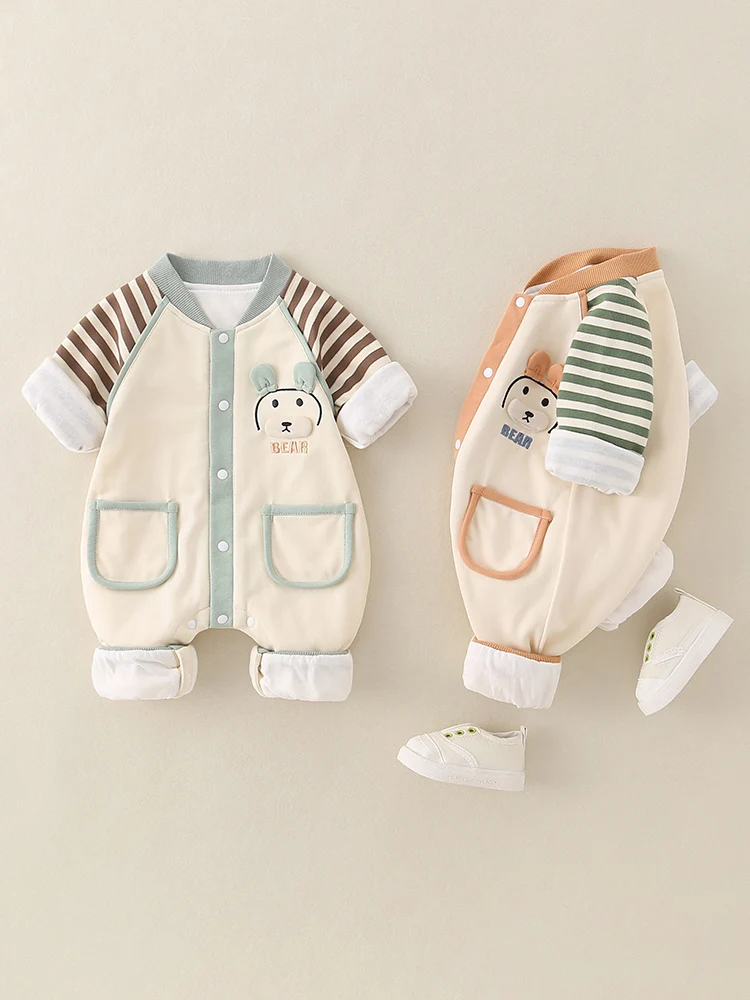 ชุดฤดูใบไม้ร่วง เสื้อแขนยาวสองชั้น กางเกงขายาวลายการ์ตูนเอวสูง ผ้าริ้ว น่ารัก สำหรับเด็กแรกเกิด  ใส่ได้หลายโอกาส