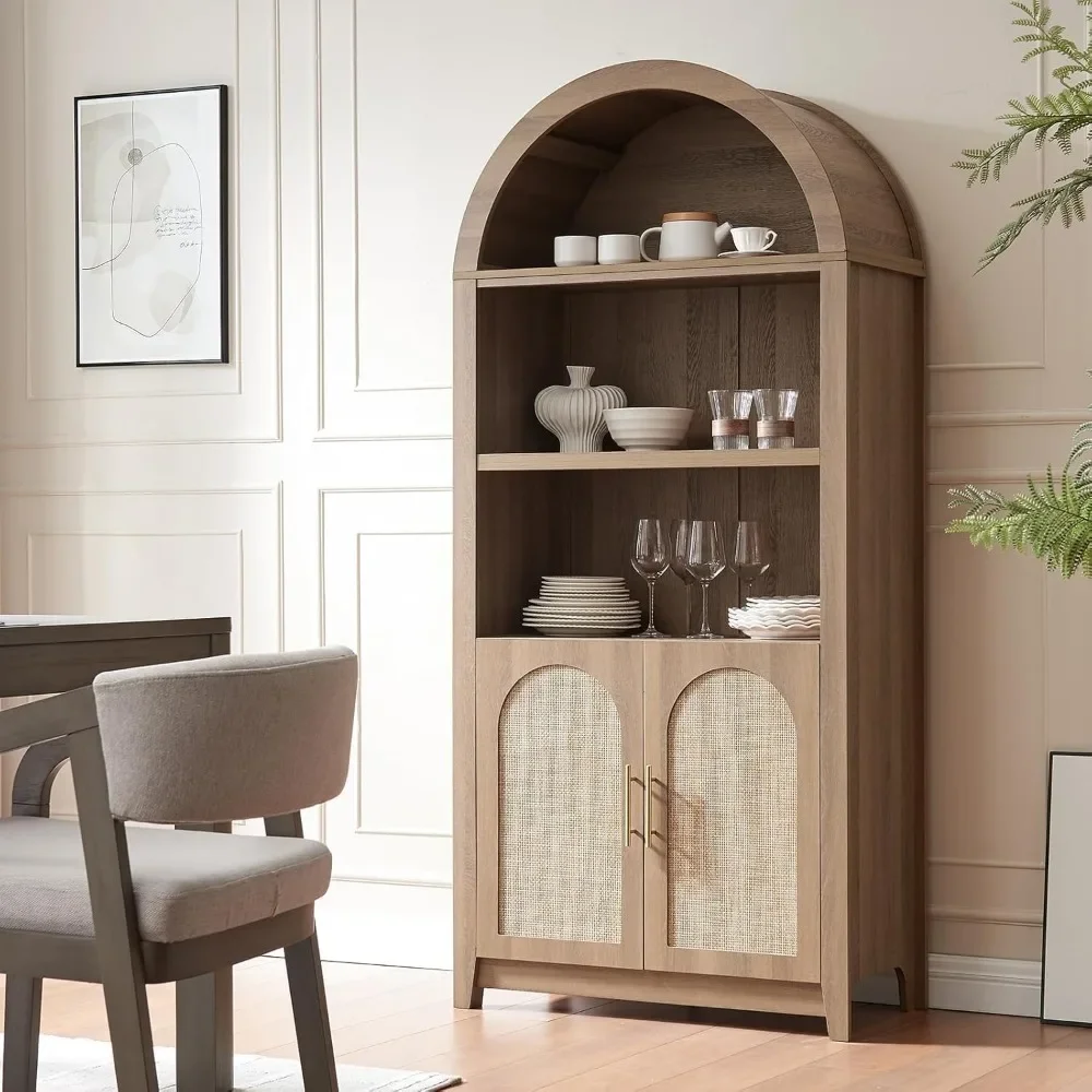 Arched Cabinet Bookshelf Bookcase - 69.3” Tall Mid Century Arched Display Cabinet, Rounded Bookshelf with Rattan Doors