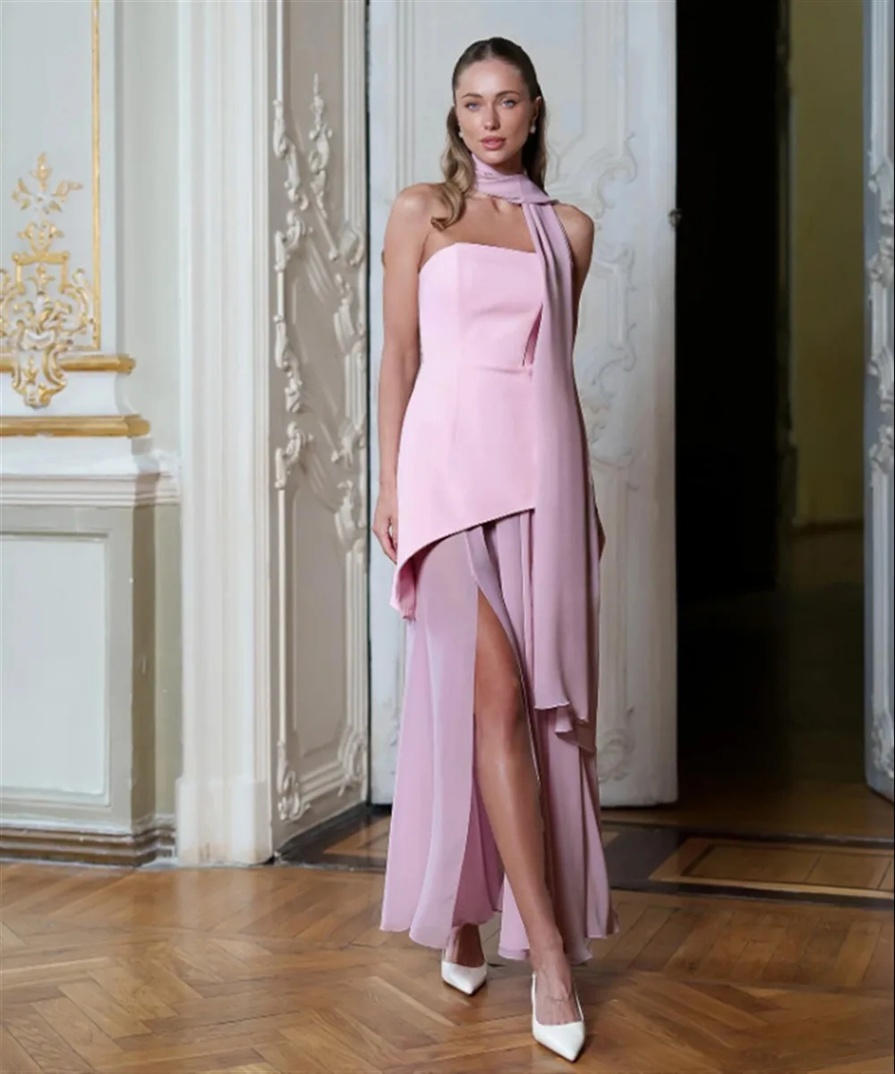 

Elegant Wedding Dress Strapless Side Slit A-Line Long Scarf Bride Prom Gown Pink Blue Bridal Gown Customized