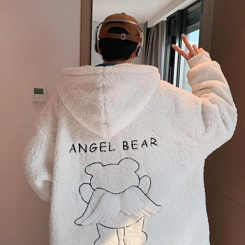 Y2K Fashion American New Bear Wings Lambswool Gothic Punk Style Loose Hooded Korean Fashion Couple Coat For Men And Women Clothe