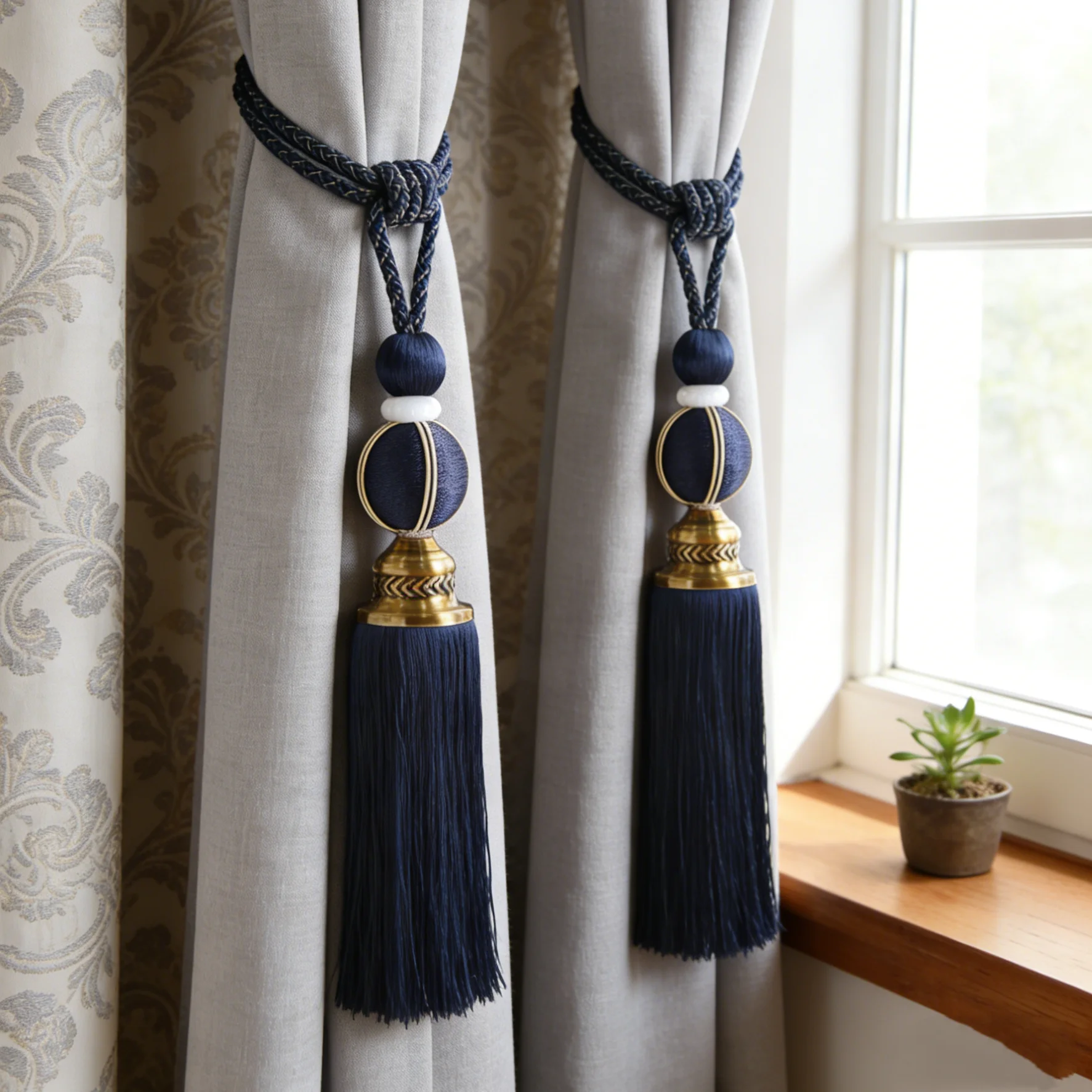 European Style Curtain Tiebacks with Tassel & Pom-pom Ball, Roman Rod Decor Hanging Ropes, Elegant Window Holdback