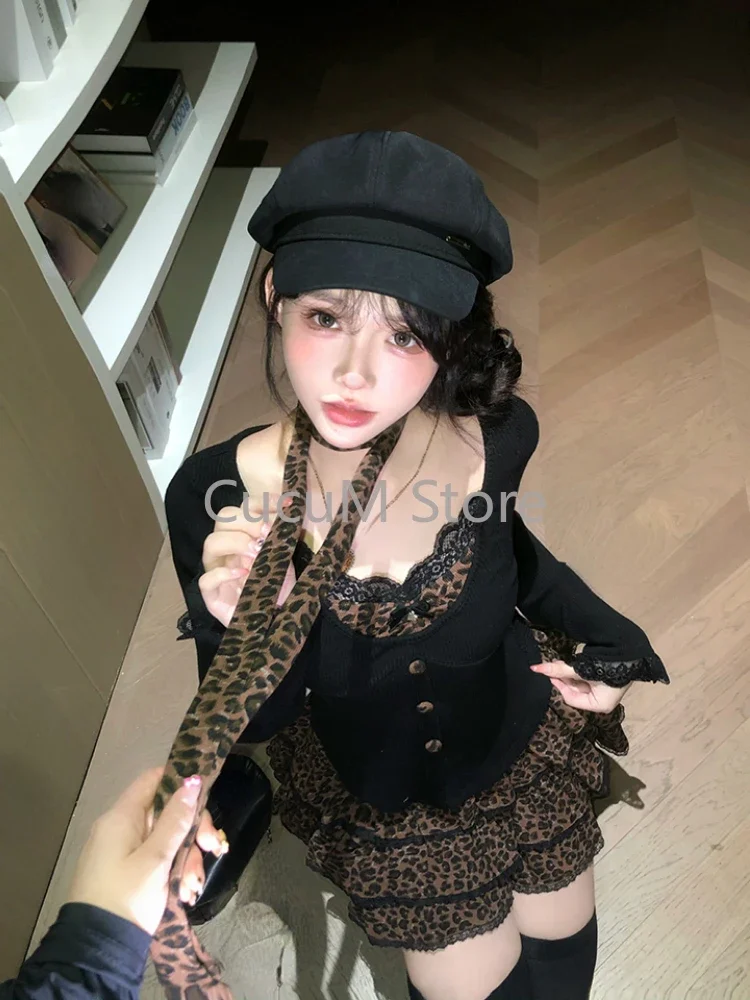 American Retro Leopard 2 Piece Set Sweet Hot Girl Slim Tops + Y2k Grunge Fashion Mini Skirt Vintage Streetwear Suit Chic