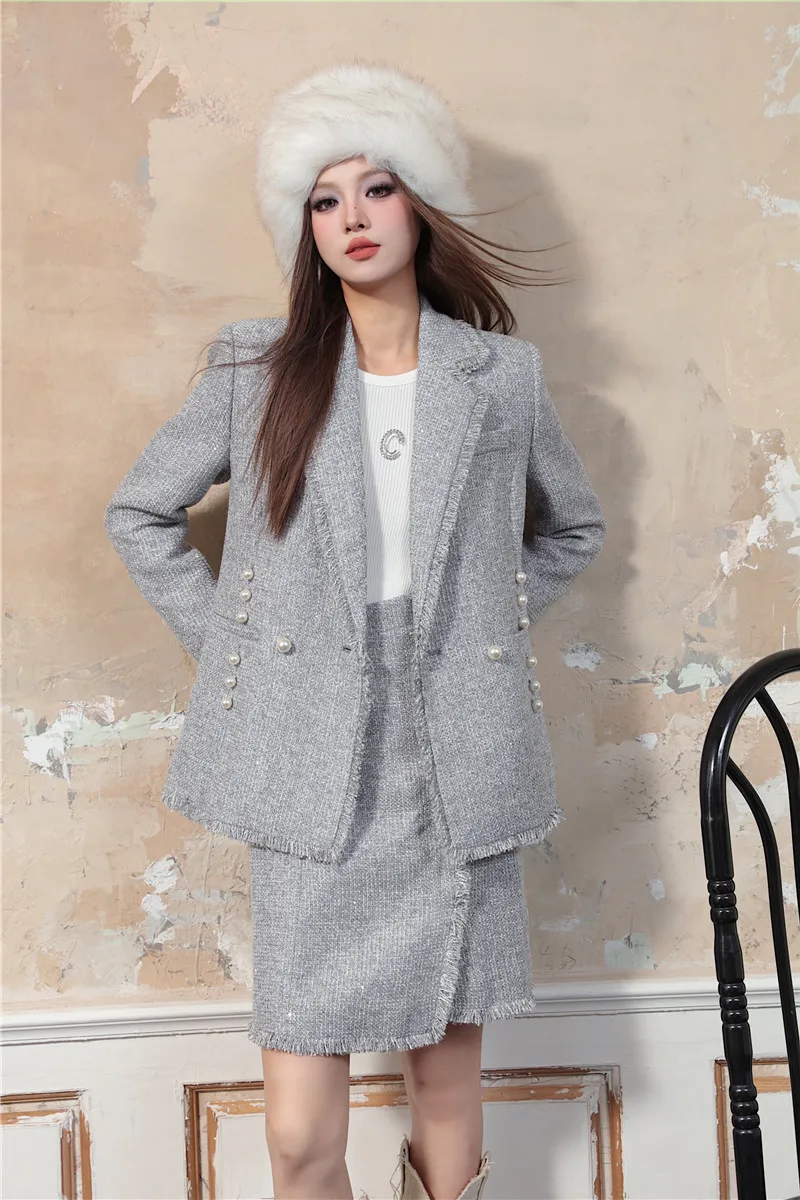 French Style Tweed Set: Textured Short Jacket with Skirt Professional Suit Set Women Female Office Lady Two-piece Set Hot Sale