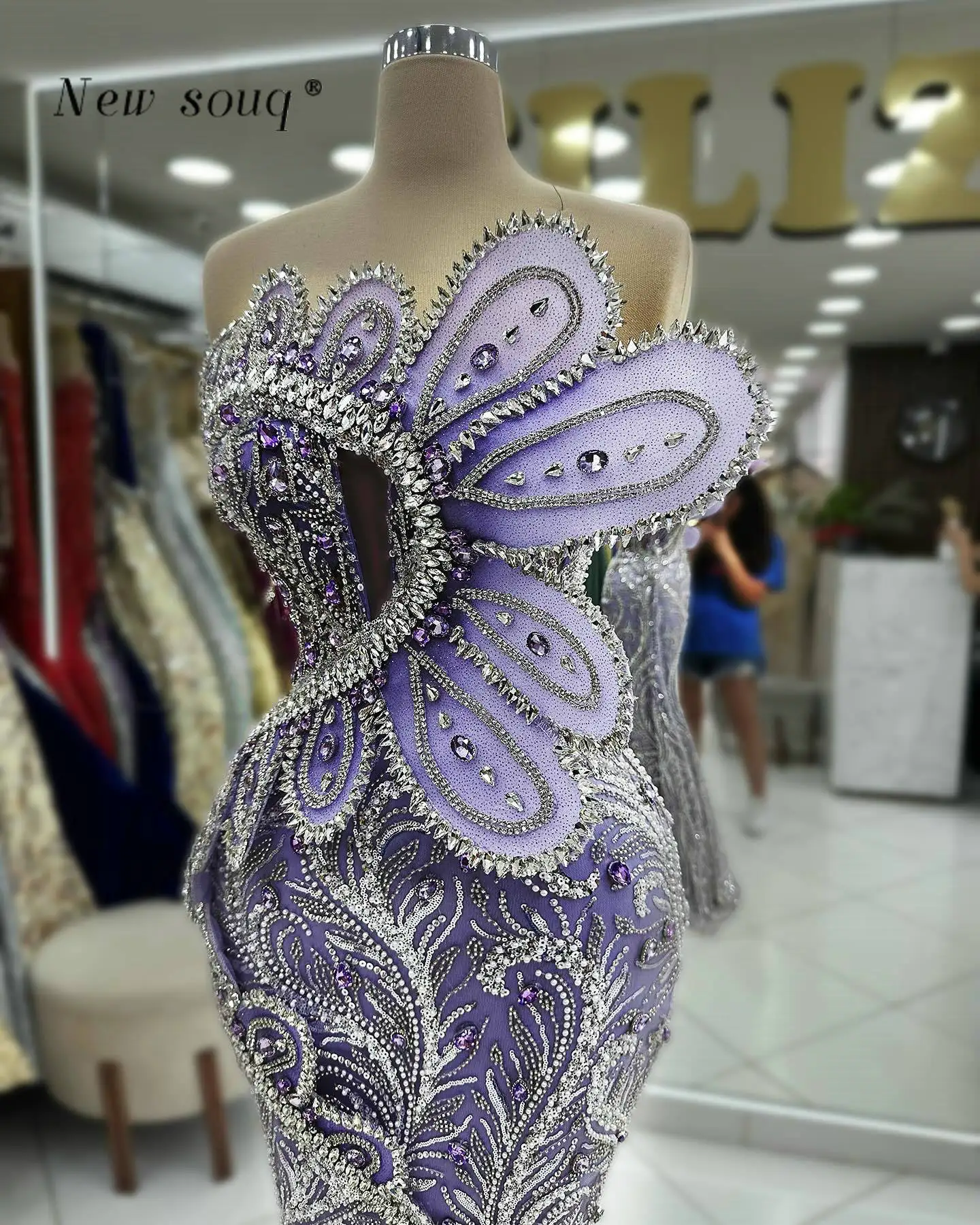 Abiti da sera lunghi viola lavanda dal Design 3D Chic con cristalli abiti da cerimonia per feste di secondo ricevimento con paillettes scintillanti a sirena formale