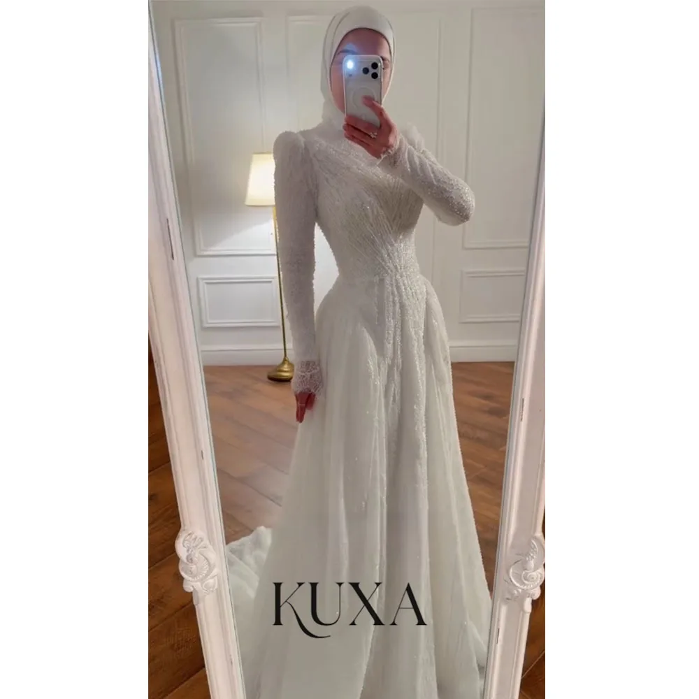 KUXA Maßgeschneiderte muslimische Dubai-Luxus-Hochzeitskleider mit Spitze und Perlen, A-Linie, arabische Brautkleider mit langen Ärmeln für Frauen, Robe De Mariée