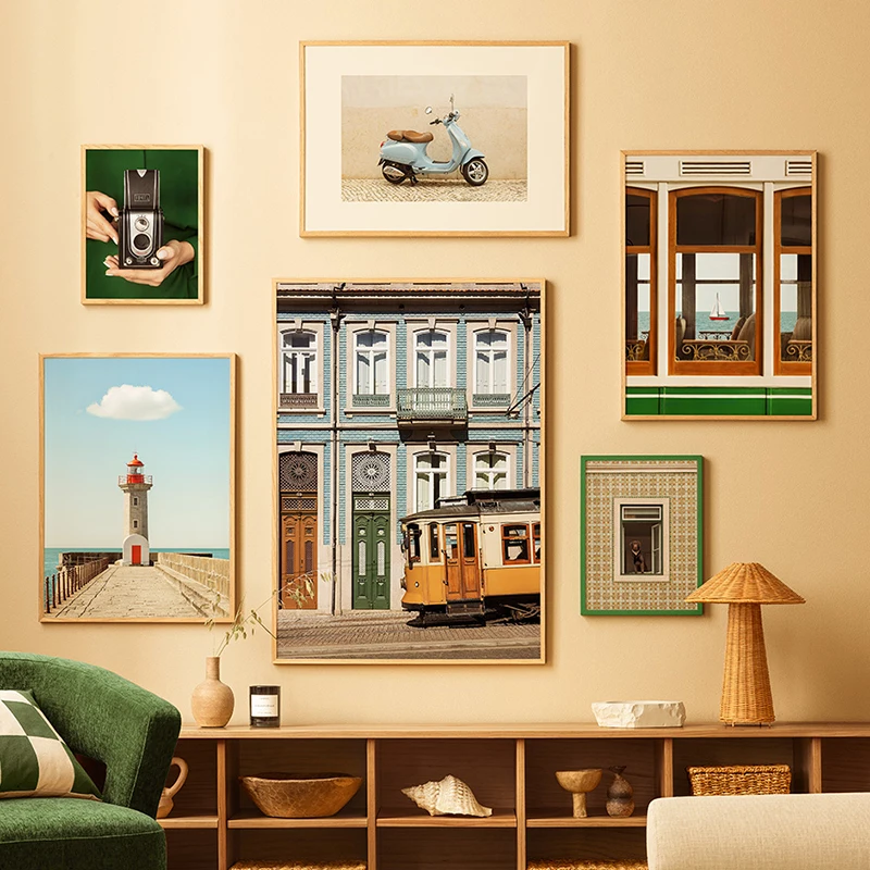 

Au Blue Vespa Porto Tram Lighthouse Portugal Wall Retro Canvas Painting Decorative Art Print Poster Picture Modern Living Room