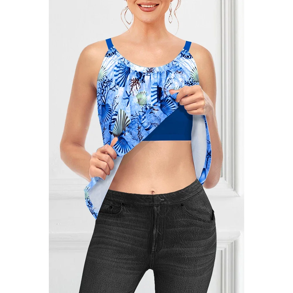 Casual Oceano Azul Imprimir Fold Cami com construído em Bra, Plus Size