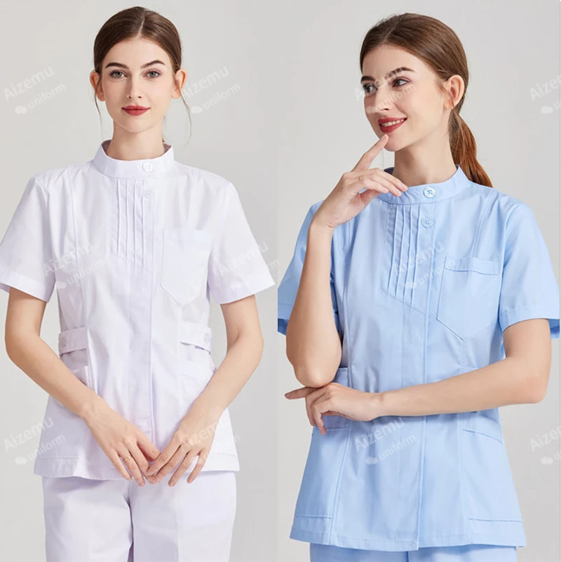 Weiße kurze Peelings Top Krankens ch wester Uniformen Labor kittel Arzt Uniform Frauen Outwear medizinische Kleidung Schönheits salon Langarm Kleidung