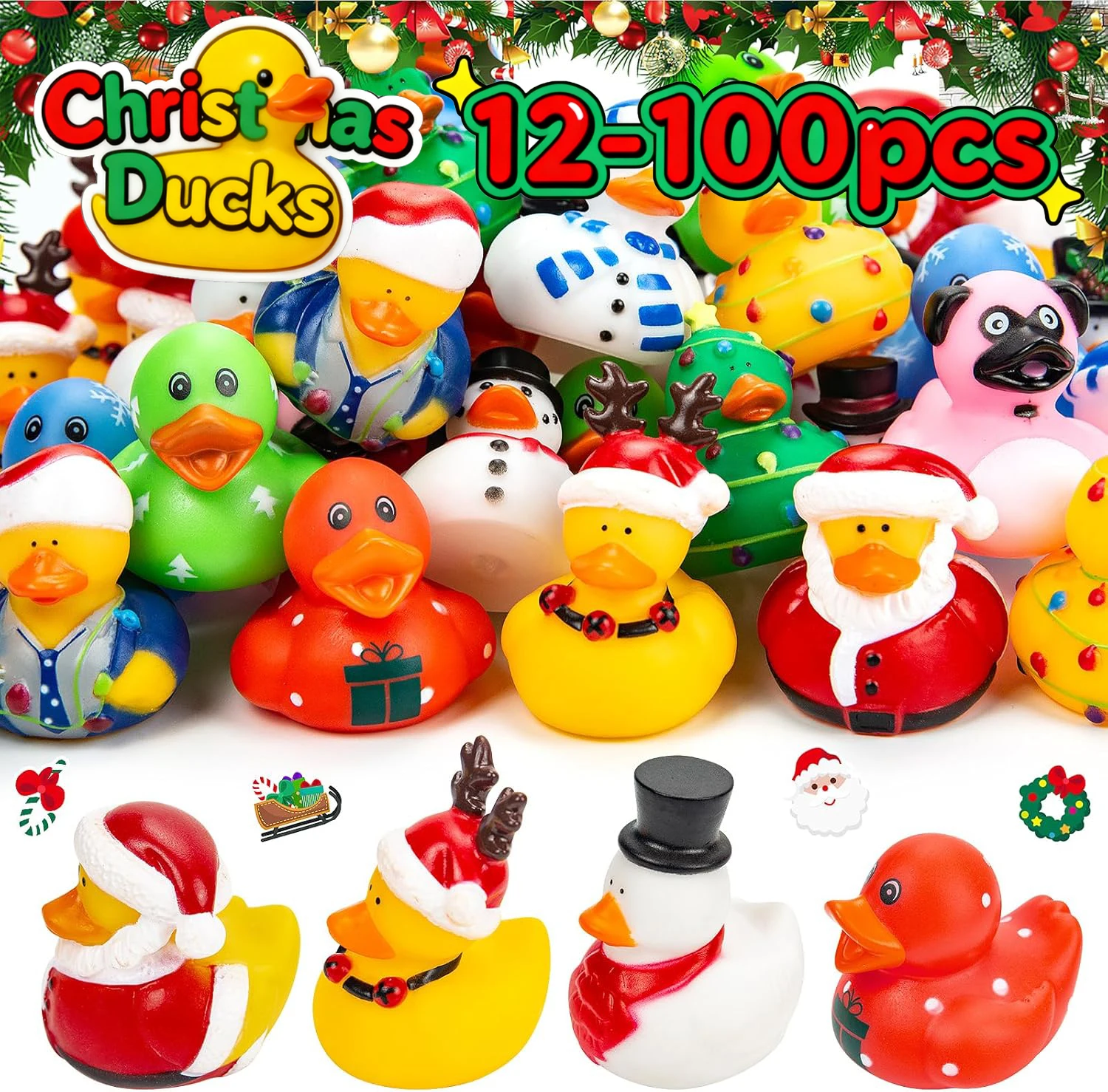 12-100pcs Christmas Rubber Ducks Bulk，Jeep Duckies Toys for for Kids Christmas Decor, Xmas Stocking Stuffers, Gift Exchange