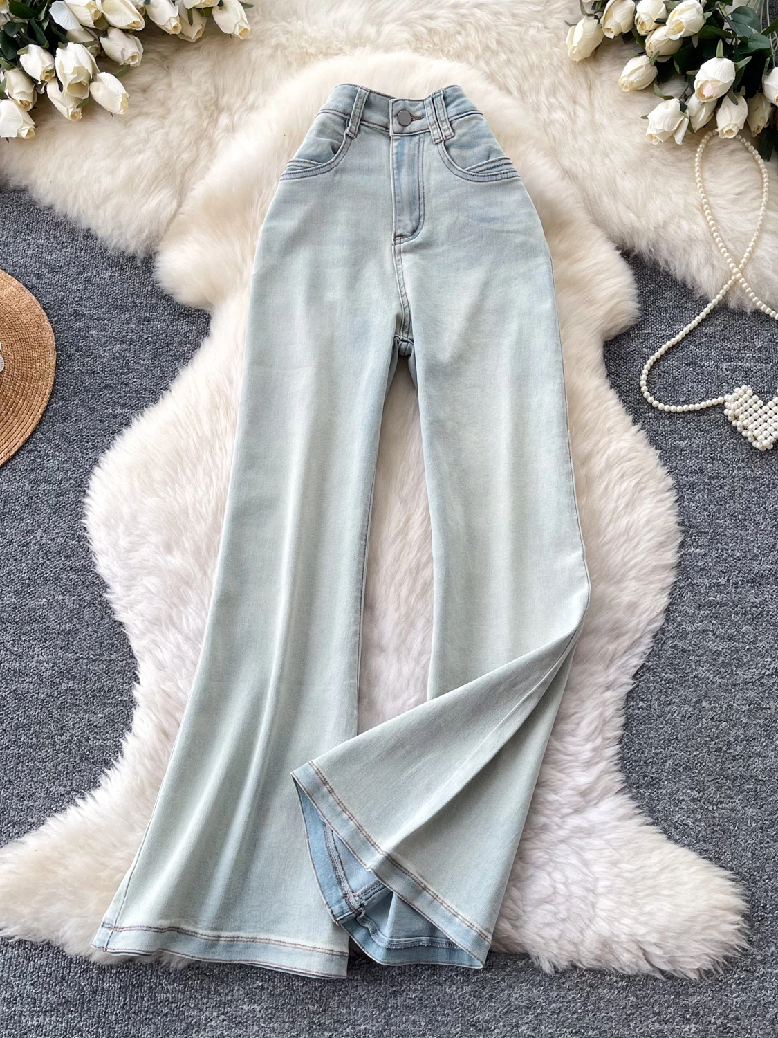 

Retro High Waist Slim Fit Washed Denim Wide Leg Pants Women's Spring Slightly Elastic Casual Long Trousers Elegantly Flared