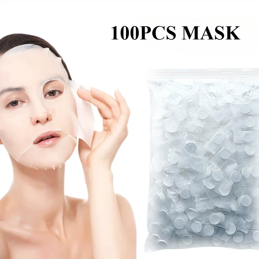 Mascarilla Facial comprimida desechable, mascarilla Facial no tejida portátil para viaje, cuidado de la piel, mascarillas envueltas en algodón, 100 Uds.