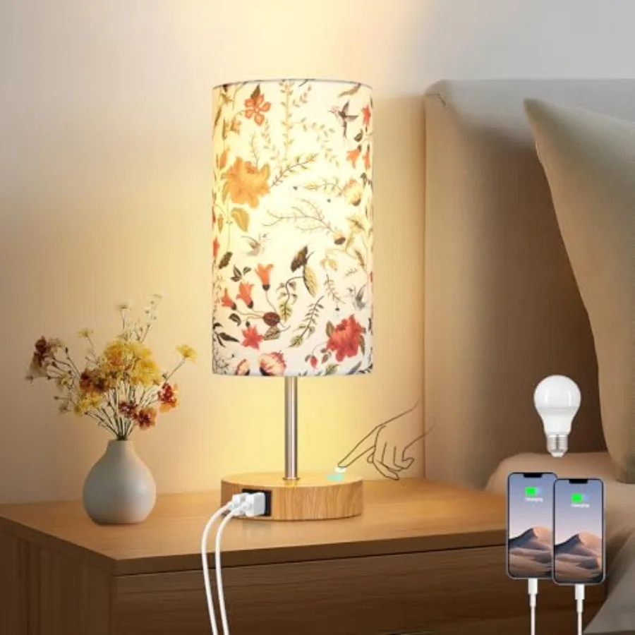 

Bedside Touch Lamp with Flower Fabric Shade, 3 Way Dimmable Wood Bedroom Lamp for Nightstand with 2 USB Charging Ports, Small T