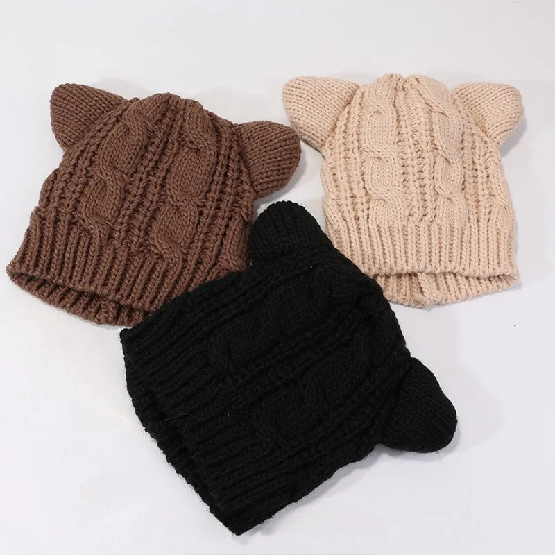 الكورية نمط مضحك قبعة الصلبة الدافئة لينة الشتاء بيني قبعات للنساء الفتيات قبعات منسوجة القط الأرنب الأذن الخريف Skullies الأغطية