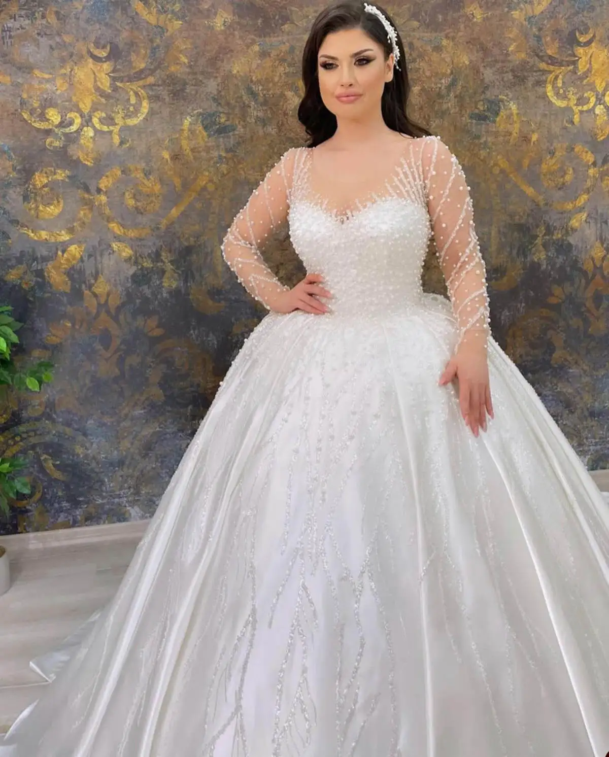 Klassisches A-Linien-Hochzeitskleid für Frauen, transparenter Ausschnitt, lange Ärmel, Brautkleid, Pailletten, Perlen, Sweep-Zug, individuelle Kleider