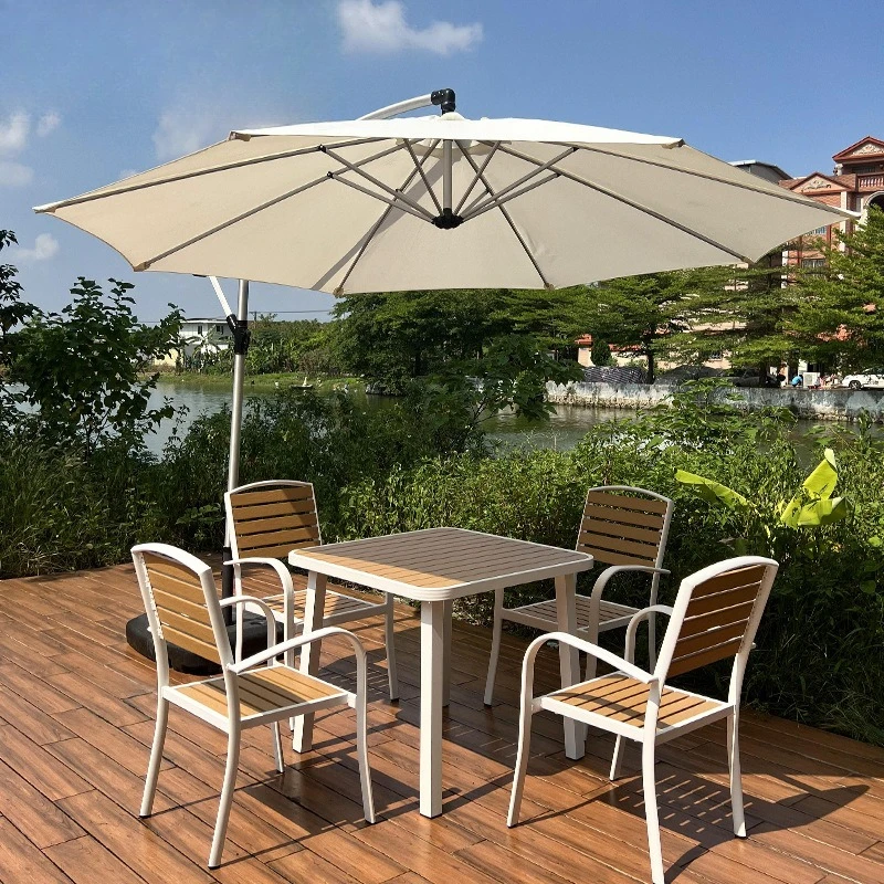

Outdoor tables and chairs courtyard garden retro wood waterproof and moisture-proof outdoor leisure terrace plastic wood tea