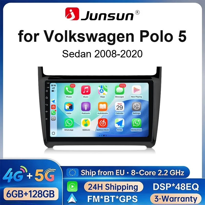 Image of Junsun Autoradio für VW POLO 5 Limousine 2008 2009 2010 2011 2012 2013 2014 2015 2016 2017 2018 2019 2020 CarPlay Android Auto FM RDS DSP BT GPS Navi SWC HD IPS Touchscreen Plug & Play
