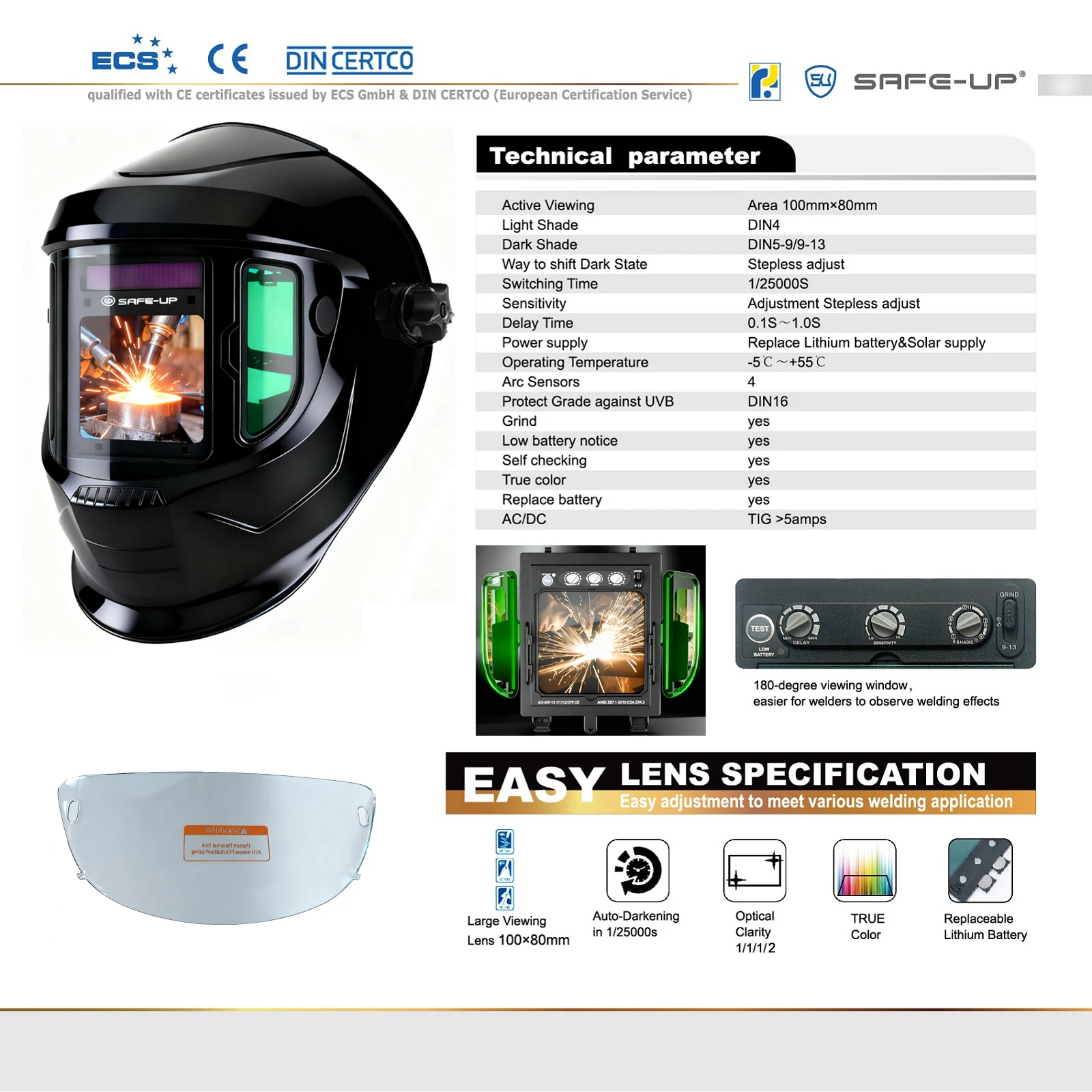Auto Darkening Welding Helmet True Color 4 Sensors Side View Panoramic 180° Welding Mask Filter Lens for Welder Machine