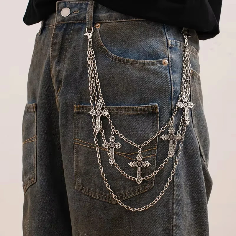 Punk Metal Cross Star Layered Chain Keychain For Women Men Waist Key Chain Wallet Jeans Hip-hop Pants Harajuku Belt Jewelry Gift