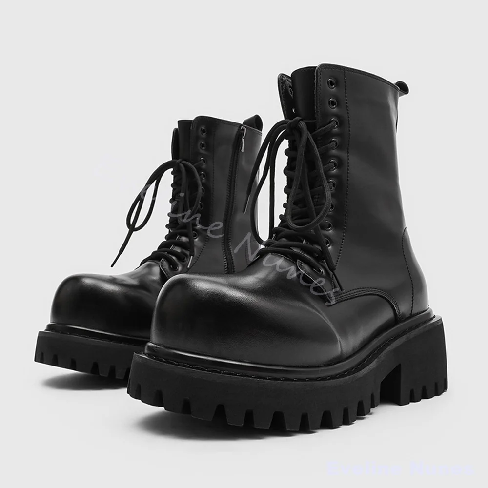 10CM Hidden Height Increasing Platform Boots Men Goth Punk Round Big Toe Chunky Ankle Combat Boots Black Leather Motorcycle Boot
