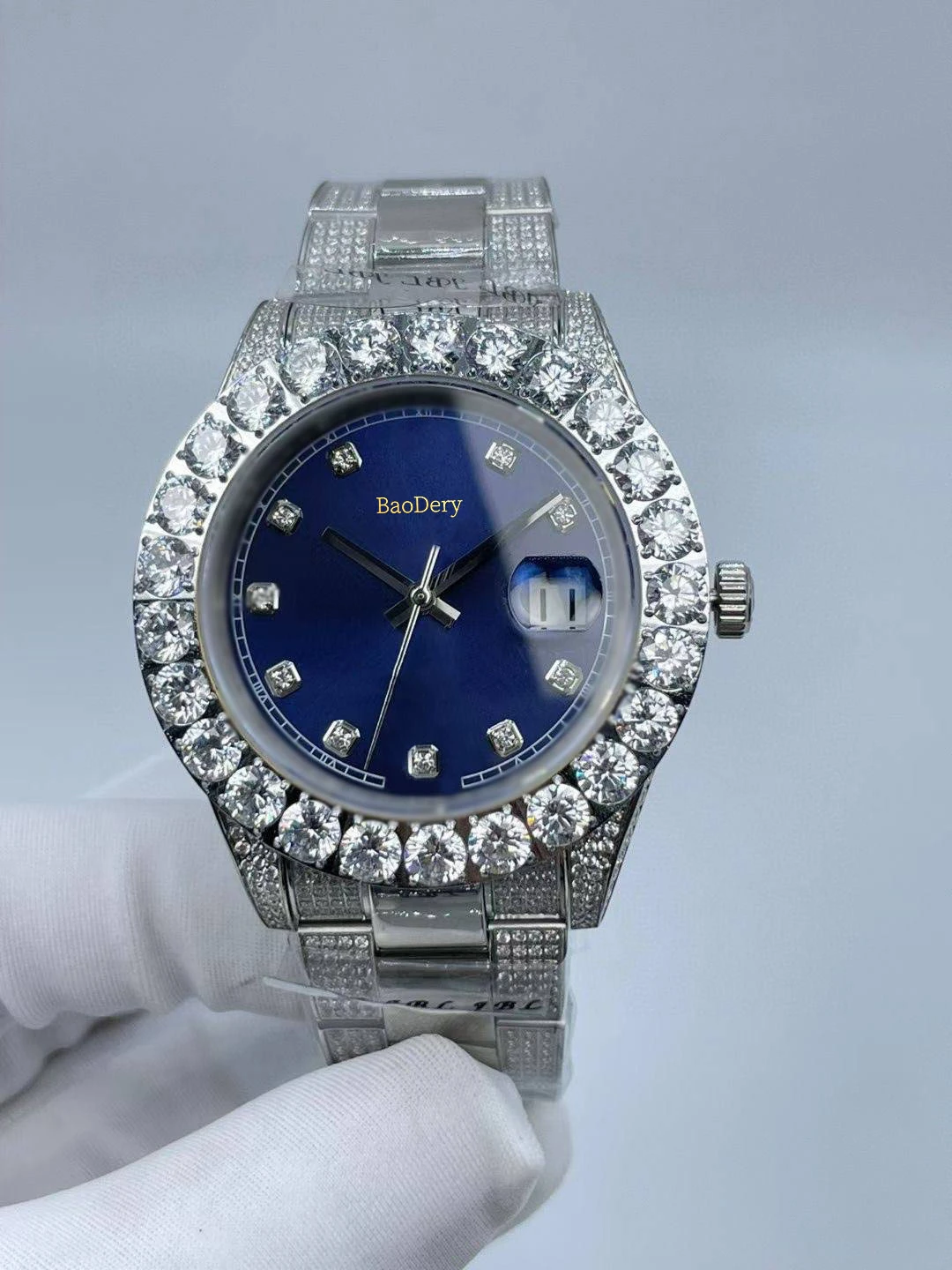 

44mm New Style Diamond Mens Watch: Mechanical Movement, Large Diamond Bezel, Drilled Surface