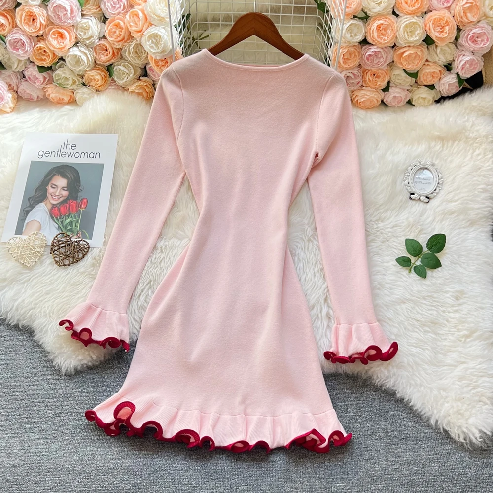 YuooMuoo Chic Mode A-linie Gestrickte Mini Kleid Frauen 2025, Herbst Winter Feste Rüschen Pullover Kleid Koreanische Dame Party Kleid