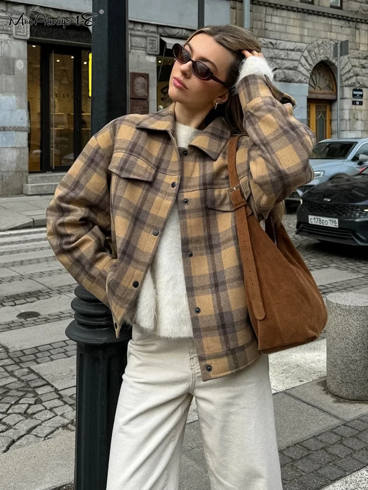 Mnealways18 Wool Warm Women Gingham Oversize Coats Street Style Lapel Pockets Long Sleeves Outwear Top Autumn Winter 2024 Office