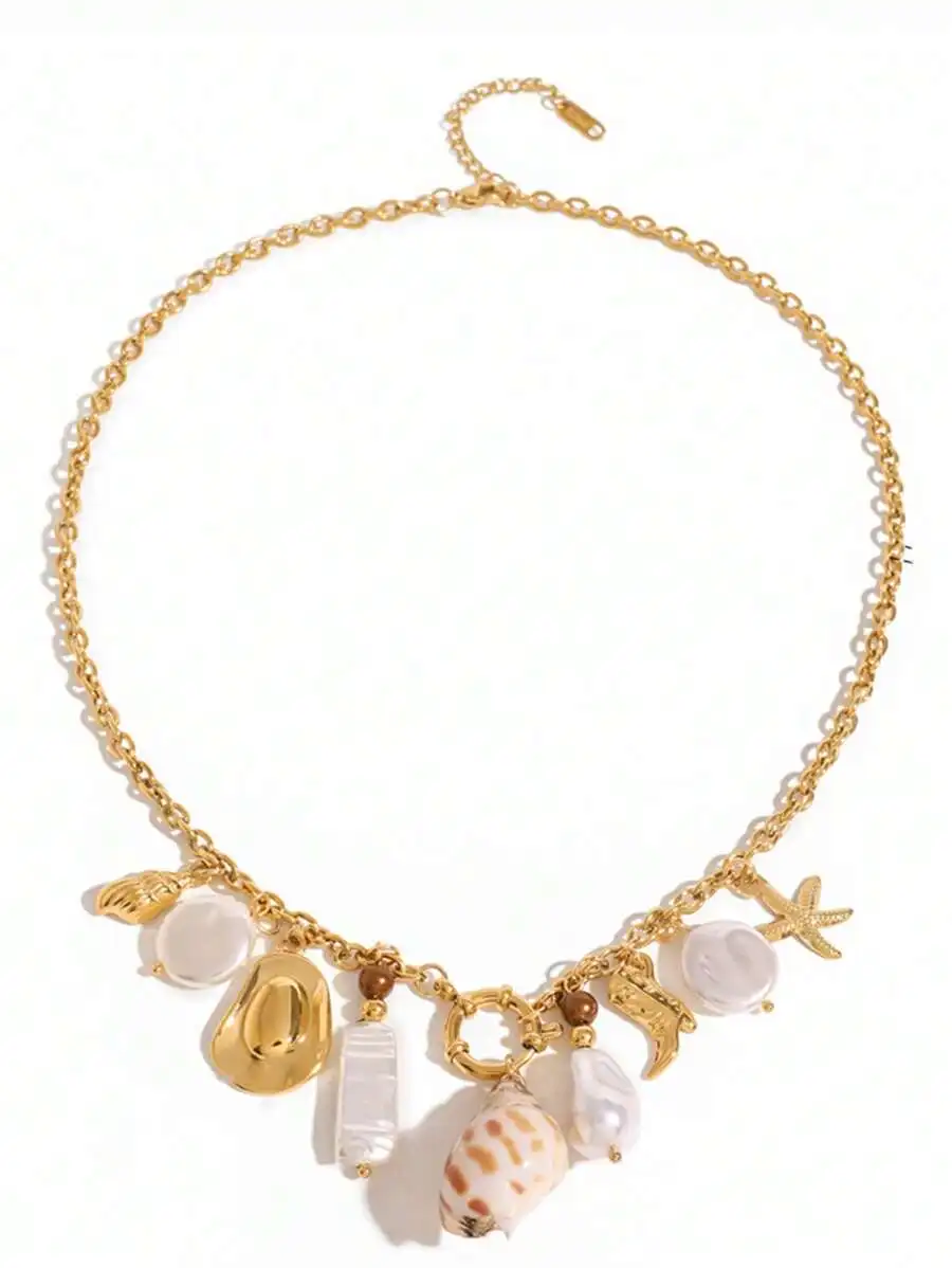

Stainless Steel Charm Necklace With Shell And Pearl Pendant