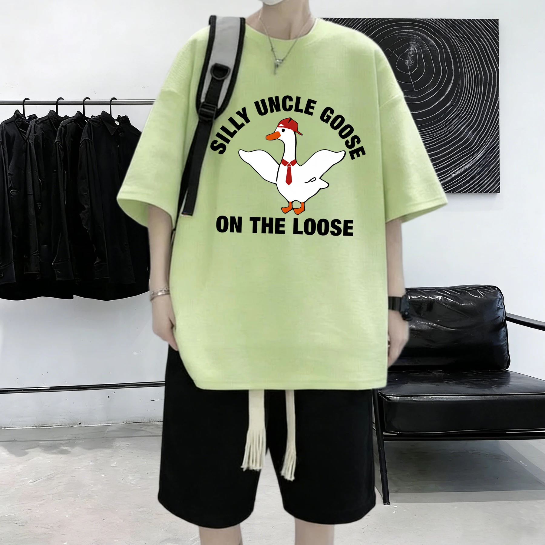 Silly Uncle Goose On The Loose Pattern Summer Cotton Daily T-Shirt Men All-Match Soft Streetwear Breathable Thin Beach Tops