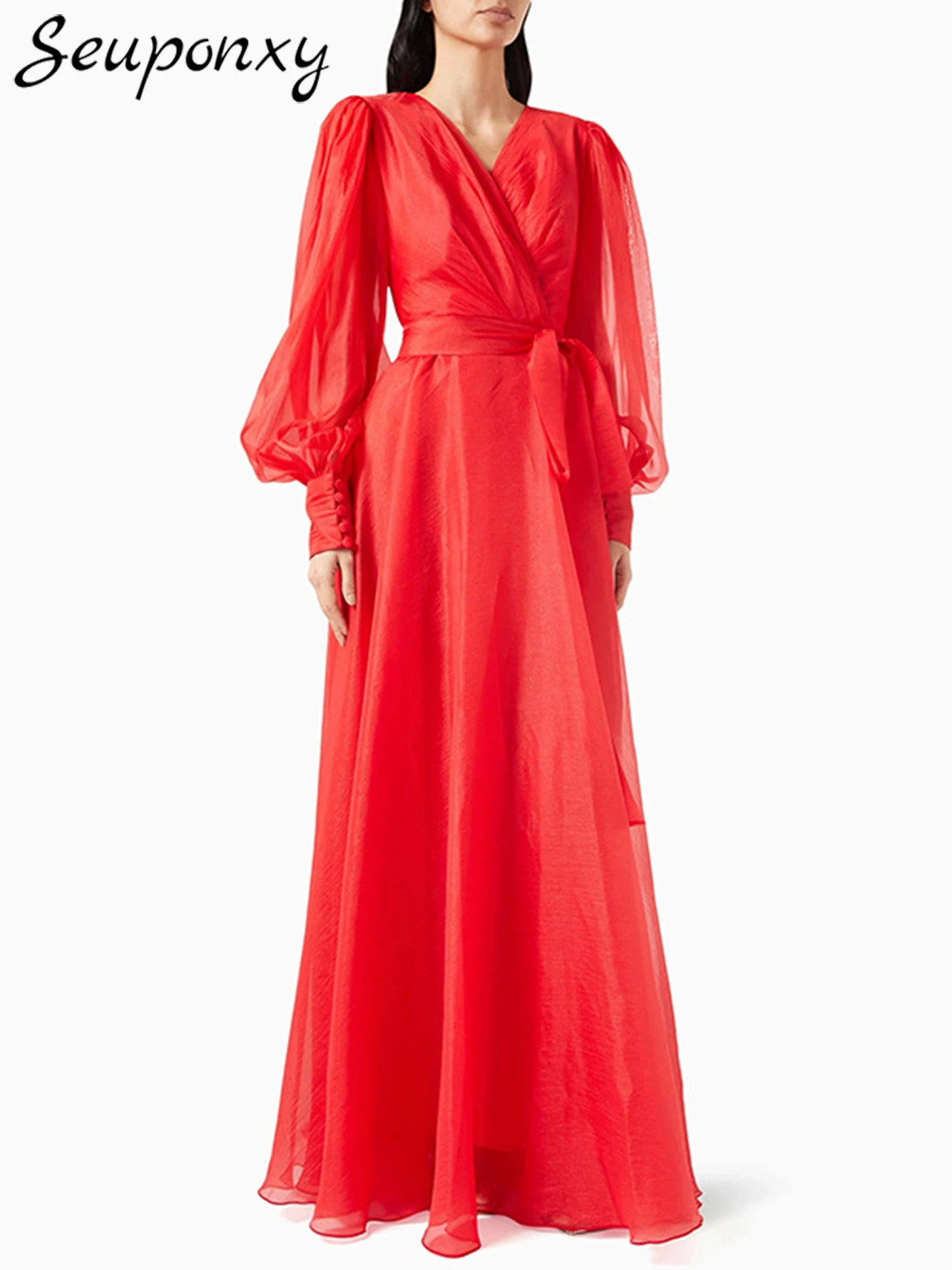 

High Quality 2024 New Women'S Sexy V-Neck Puff Long Sleeved Lace Up Long Dress Elegant Evening Celebrity Party Dress Vestidos