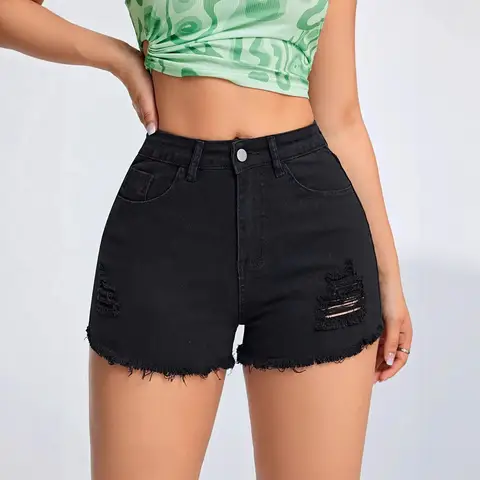 पेट पर नियंत्रण रखने वाले रिप्ड शॉर्ट्स, हाई वेस्ट स्ट्रेच डेनिम हॉट पैंट, महिलाओं के लिए काले स्लिमिंग चीकी शॉर्ट्स, गर्मियों में क्लबिंग आउटफिट के लिए 10 best sales काली जींस शॉर्ट्स - №9