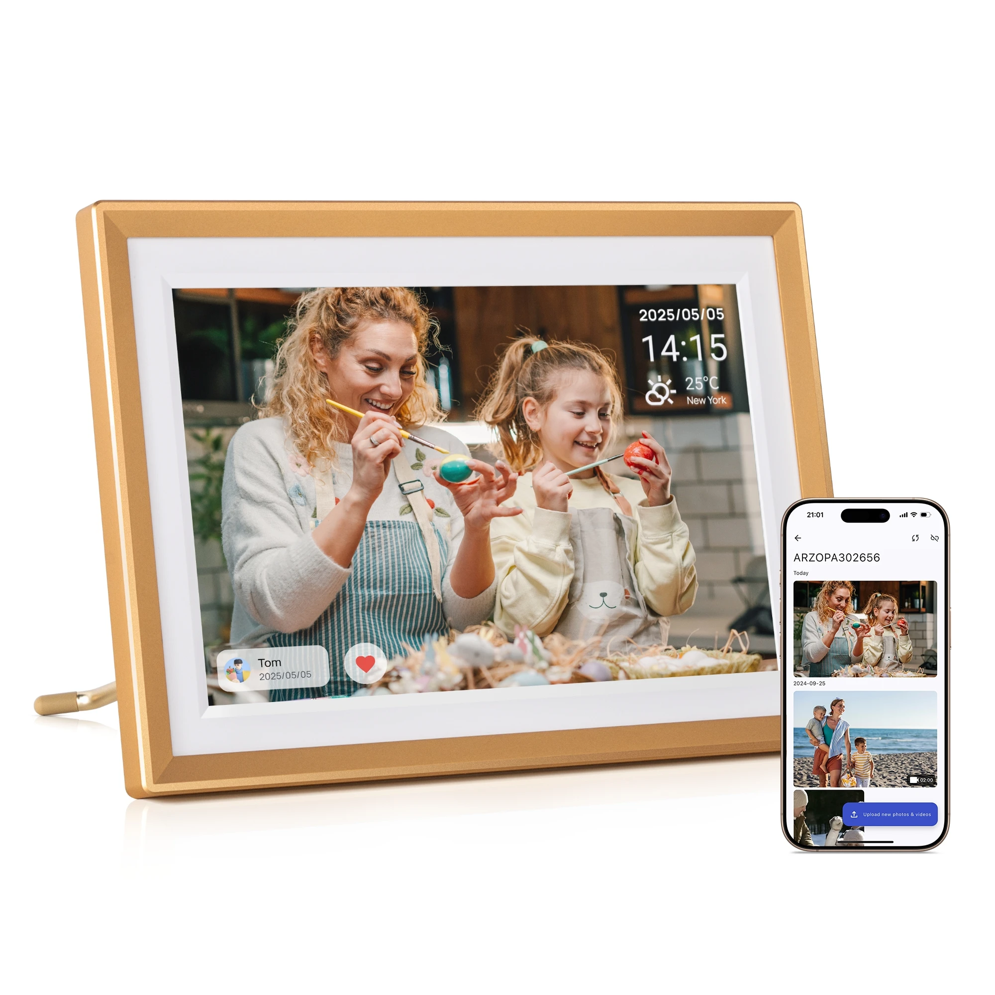 ARZOPA - Marcos de Fotos Digitales Metálicos de 10.1 Pulgadas, WiFi, 32 GB, IPS HD, Pantalla Táctil Gratuita, Compartir Fotos y Videos Remotamente, Rotación Automática, D10 Dorado
