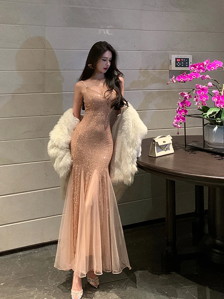 

Ele Fi Tail Gown with Sequin Me Strap Birthday Dr for Women High Waist Zipper Ba Long Skirt No Sve Polyester