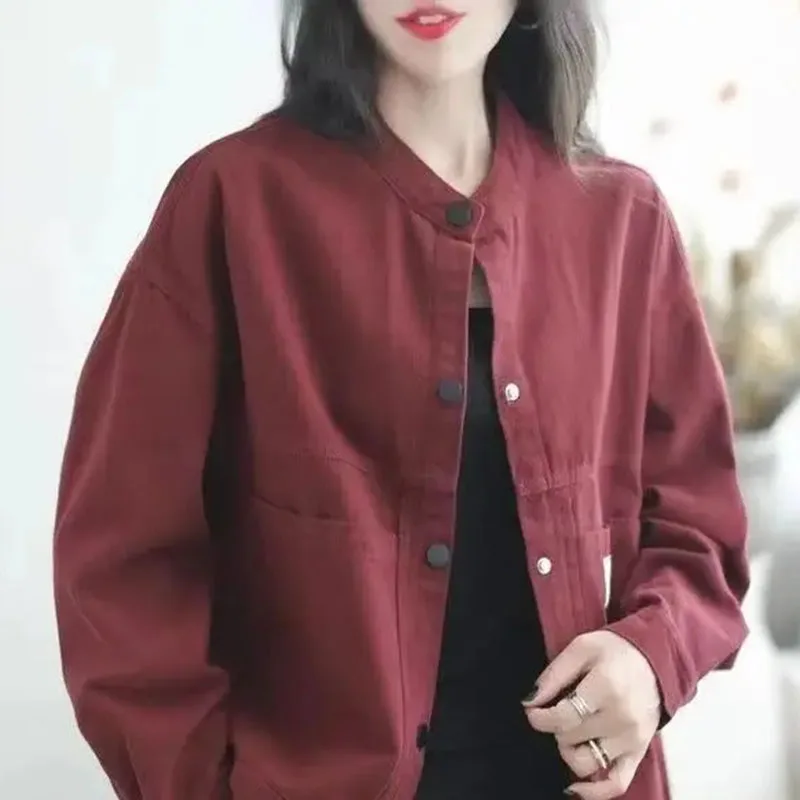 

Новинка 2026, женское весенне-осеннее пальто из чистого хлопка, однотонная куртка в стиле ретро, универсальное модное повседневное пальто с большим карманом, топ