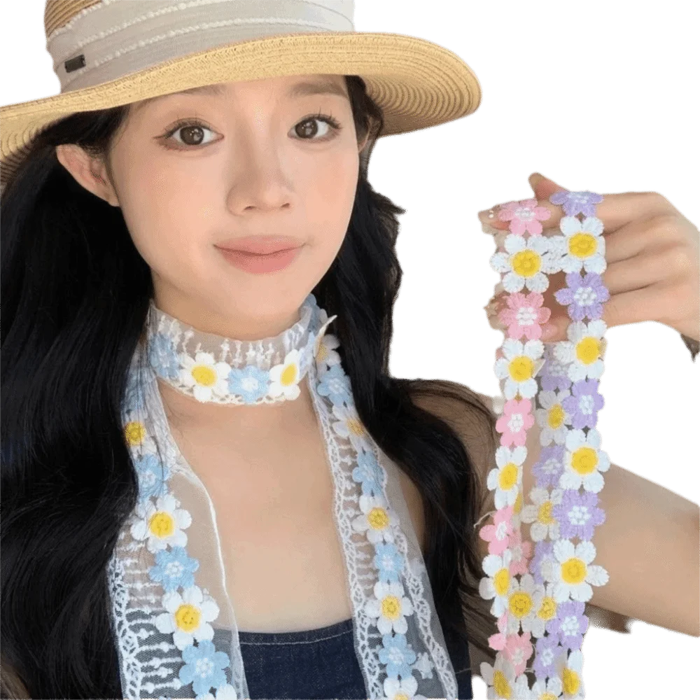 Korean Style Transparent Lace Chiffon Scarf Flower Thin Long Scarf Double-Sided Neck Scarf Women Girl