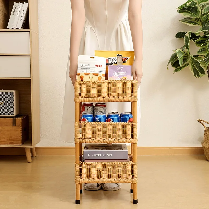 Rustic Freestanding Rattan Storage Rack, Solid Wood Multi-Tier Woven Basket Shelf for Home, Hotel and Living Room