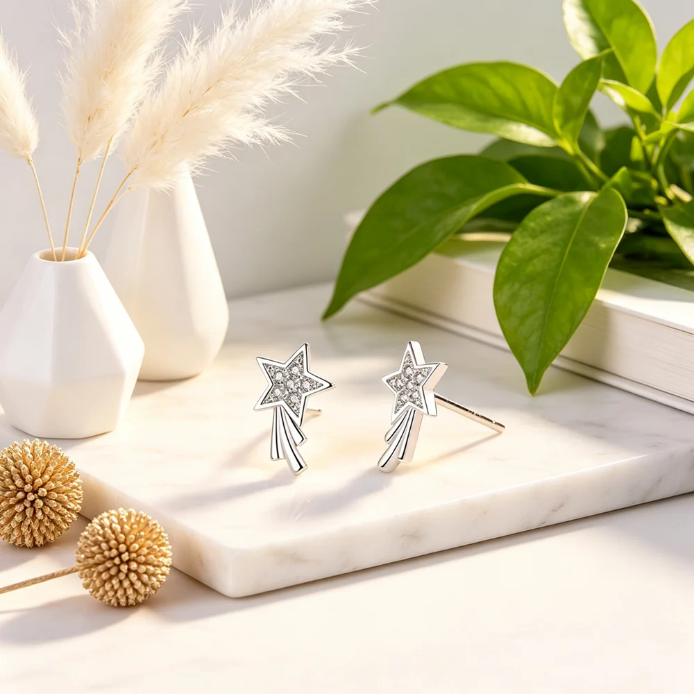 Genuine 925 Sterling Silver Dazzling Cubic Zirconia Meteor Style Amazing Attractive Women Boutique Stud Earrings Accessory